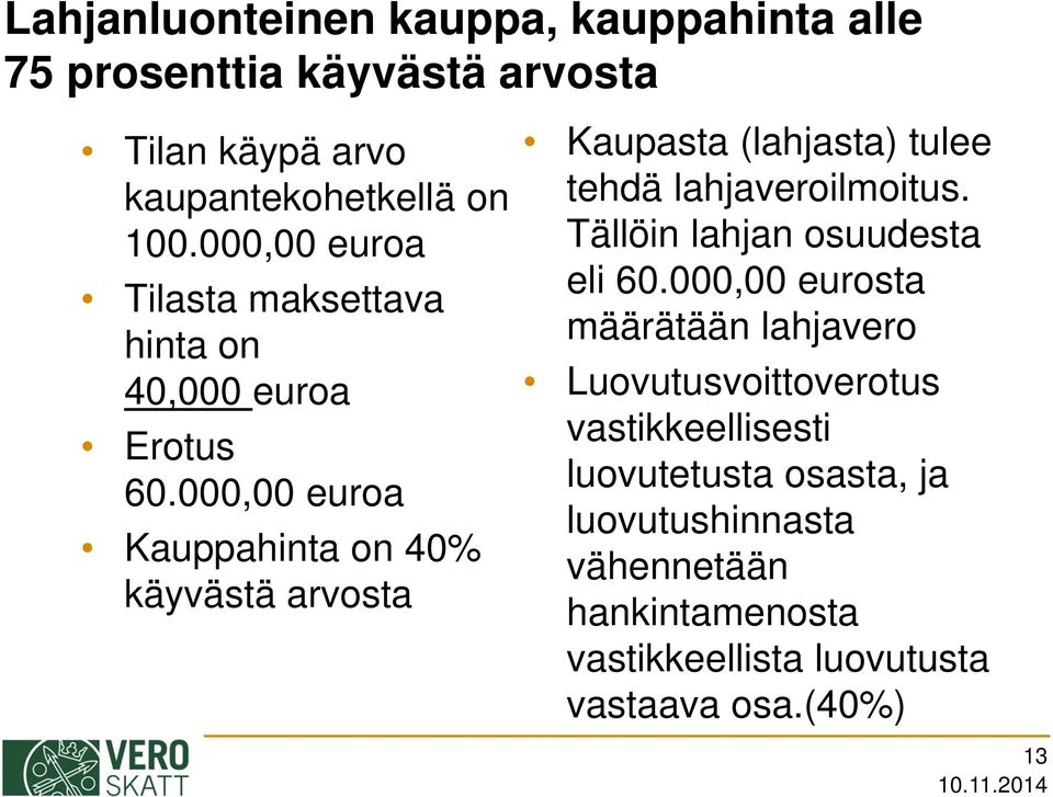 000,00 euroa Kauppahinta on 40% käyvästä arvosta Kaupasta (lahjasta) tulee tehdä lahjaveroilmoitus.