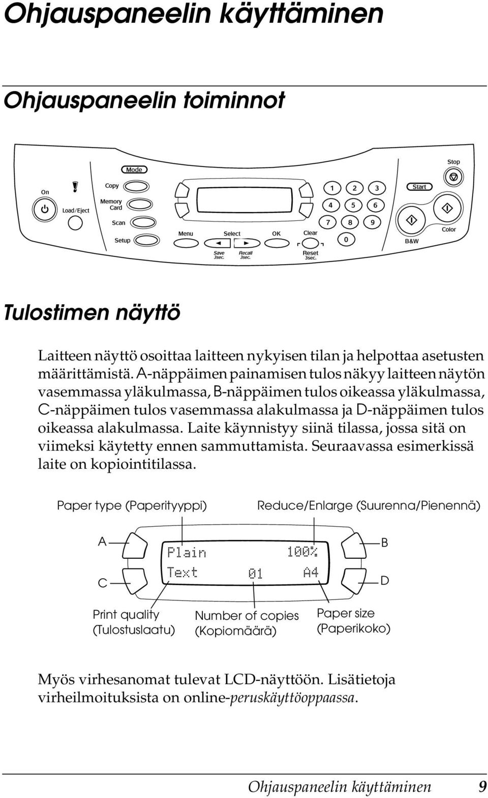 Laite käynnistyy siinä tilassa, jossa sitä on viimeksi käytetty ennen sammuttamista. Seuraavassa esimerkissä laite on kopiointitilassa.