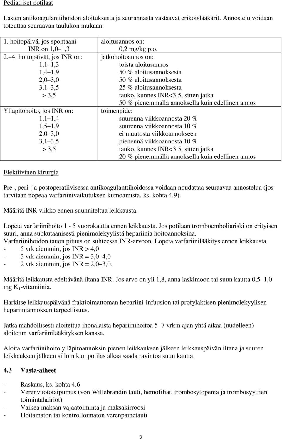 hoitopäivät, jos INR on: 1,1 1,3 1,4 1,9 2,0 3,0 3,1 3,5 > 3,5 Ylläpitohoito, jos INR on: 1,1 1,4 1,5 1,9 2,0 3,0 3,1 3,5 > 3,5 aloitusannos on: 0,2 mg/kg p.o. jatkohoitoannos on: toista aloitusannos