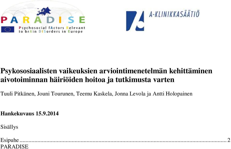 .. 4 Viitekehykset ja käsitteet... 5 Paradise-hankkeen työmenetelmät... 8 Systemaattiset kirjallisuuskatsaukset... 9 Fokusryhmähaastattelut... 12 Psykososiaalisten vaikeuksien kokoaminen.