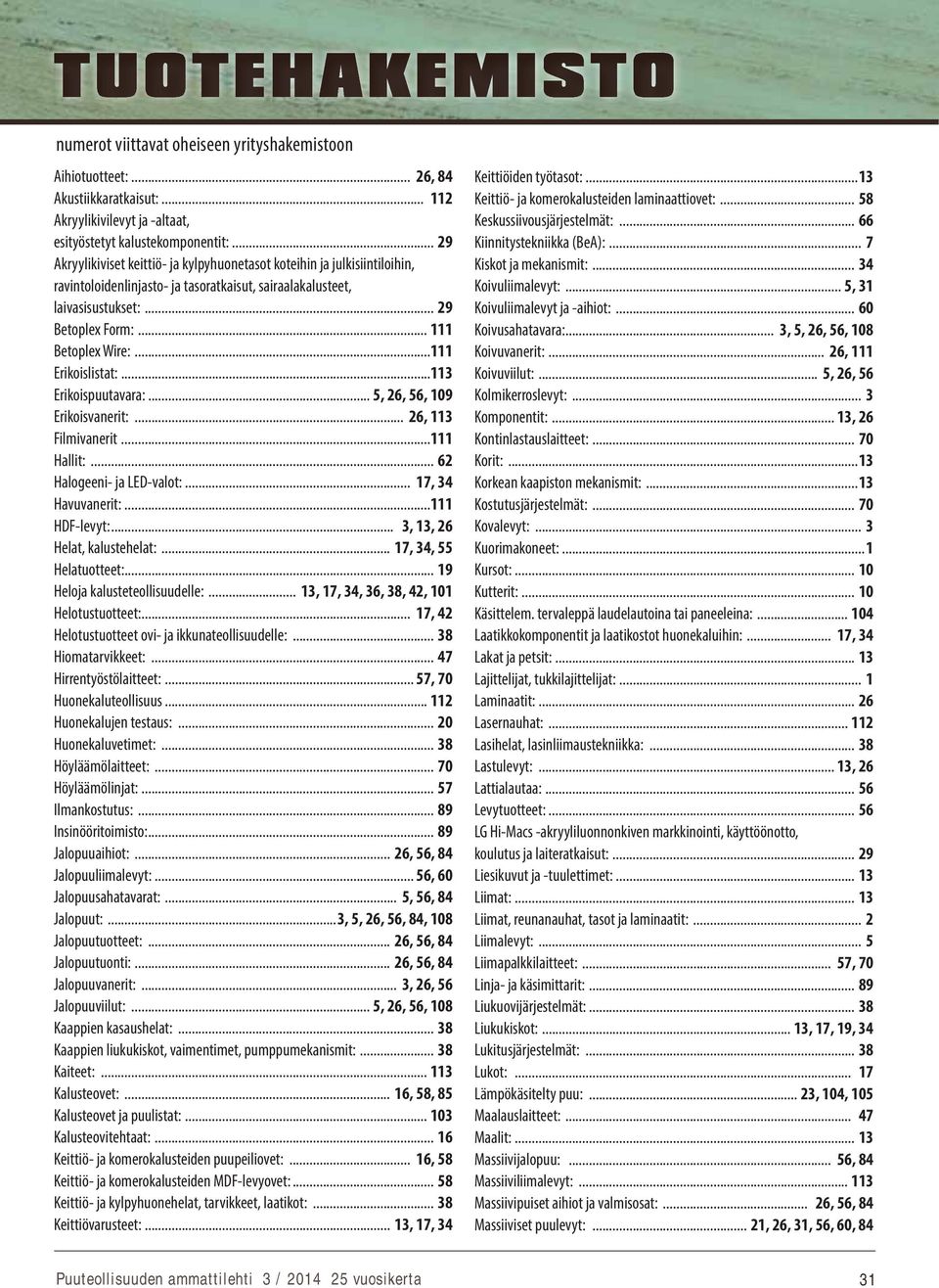 ..111 Erikoislistat:...113 Erikoispuutavara:... 5, 26, 56, 109 Erikoisvanerit:... 26, 113 Filmivanerit...111 Hallit:... 62 Halogeeni- ja LED-valot:... 17, 34 Havuvanerit:...111 HDF-levyt:.