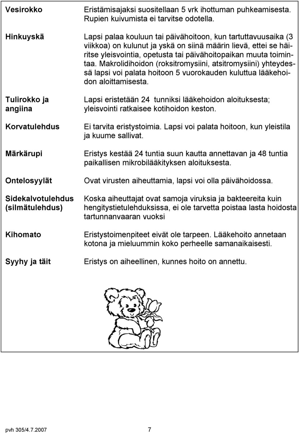 toimintaa. Makrolidihoidon (roksitromysiini, atsitromysiini) yhteydessä lapsi voi palata hoitoon 5 vuorokauden kuluttua lääkehoidon aloittamisesta.