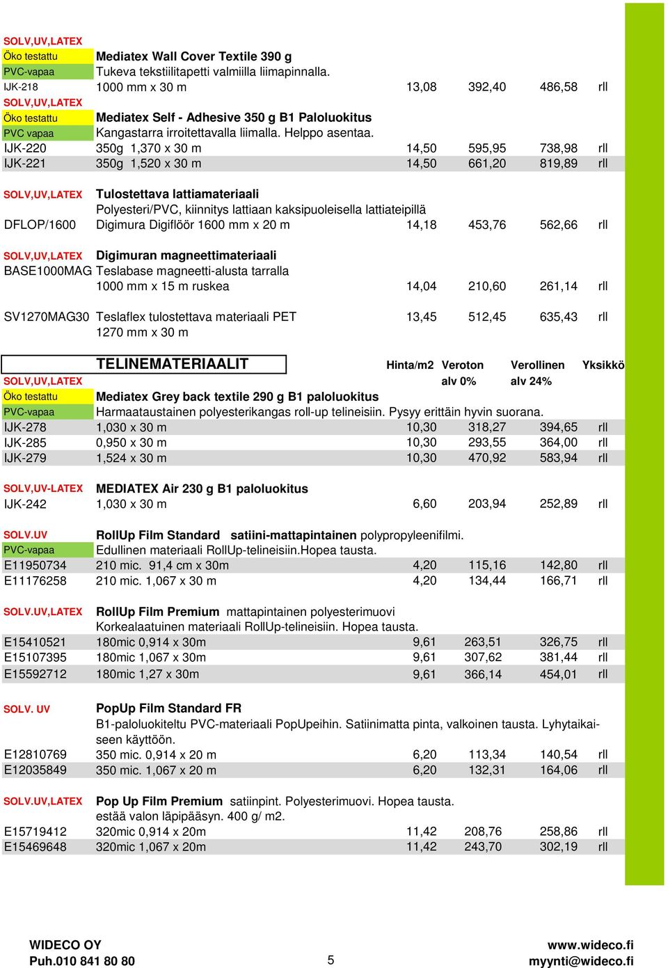 IJK-220 350g 1,370 x 30 m 14,50 595,95 738,98 rll IJK-221 350g 1,520 x 30 m 14,50 661,20 819,89 rll Tulostettava lattiamateriaali Polyesteri/PVC, kiinnitys lattiaan kaksipuoleisella lattiateipillä