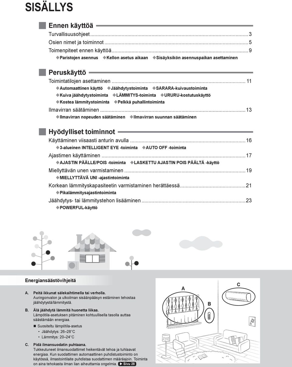 .. 11 Automaattinen käyttö Jäähdytystoiminta SARARA-kuivaustoiminta Kuiva jäähdytystoiminta LÄMMITYS-toiminta URURU-kostutuskäyttö Kostea lämmitystoiminta Pelkkä puhallintoiminta Ilmavirran säätäminen.