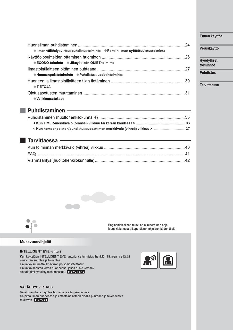 ..30 TIETOJA Oletusasetusten muuttaminen...31 Valikkoasetukset Peruskäyttö Hyödylliset toiminnot Puhdistus Tarvittaessa Puhdistaminen Puhdistaminen (huoltohenkilökunnalle).