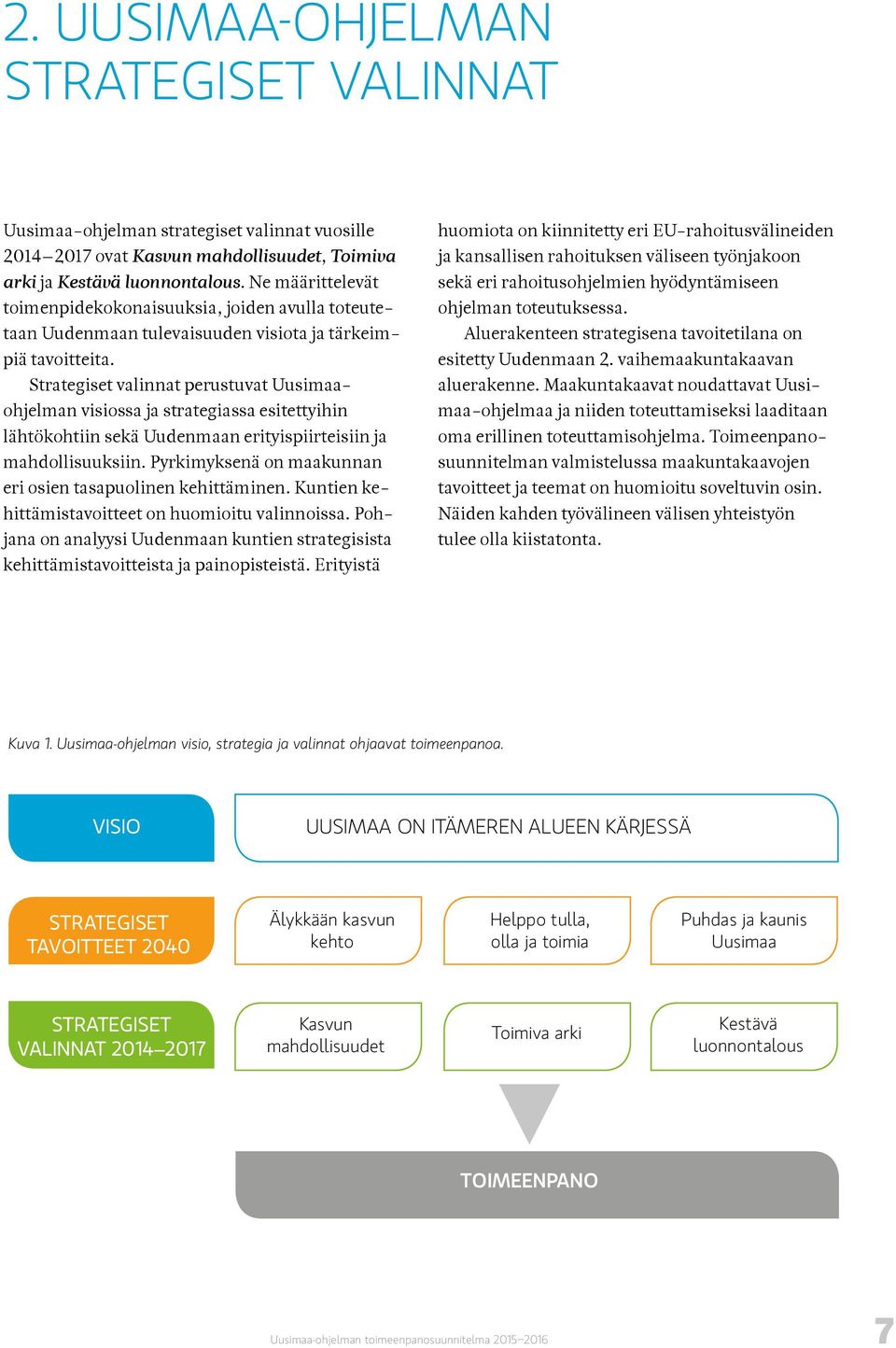 Strategiset valinnat perustuvat Uusimaaohjelman visiossa ja strategiassa esitettyihin lähtökohtiin sekä Uudenmaan erityispiirteisiin ja mahdollisuuksiin.