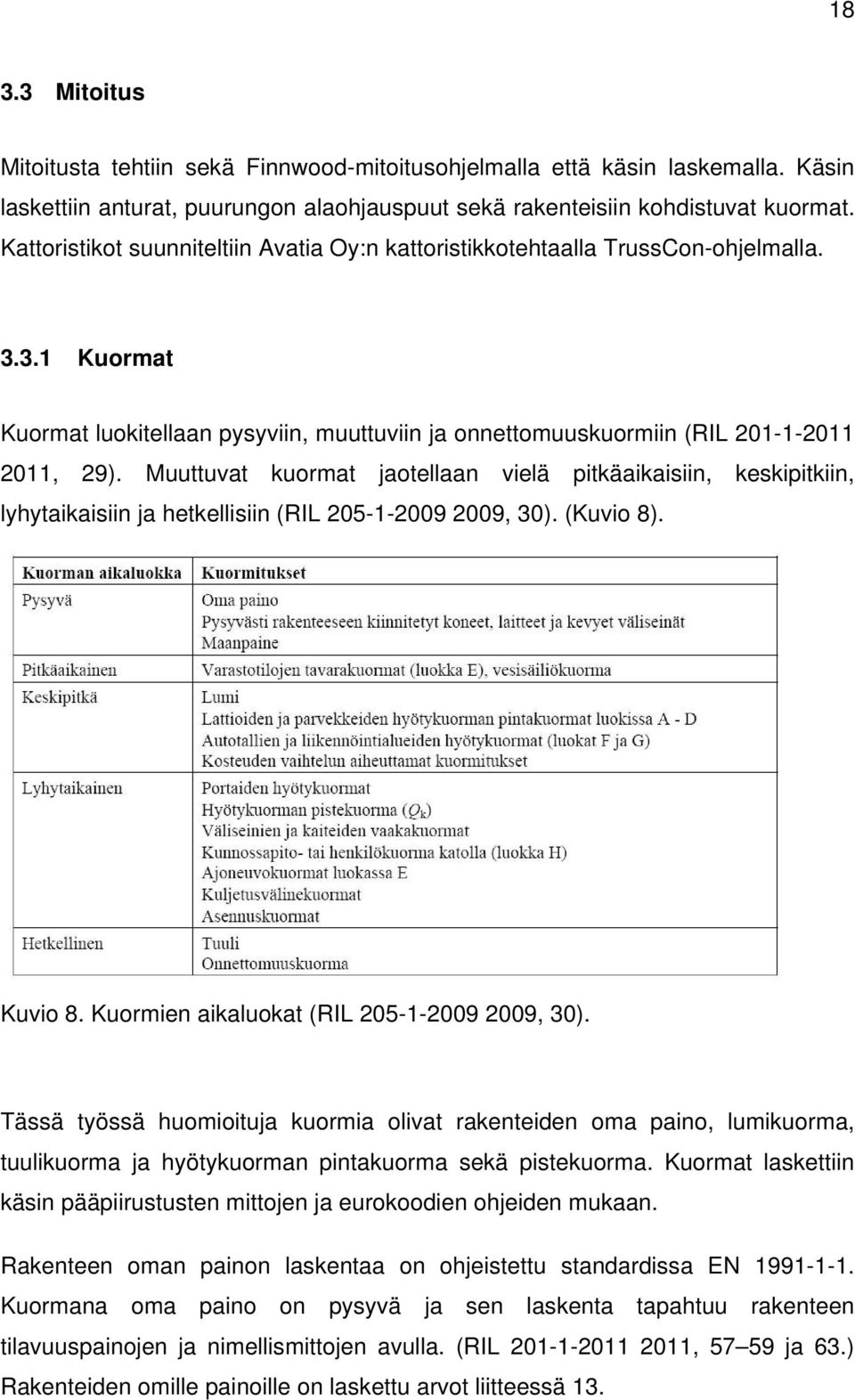 Muuttuvat kuormat jaotellaan vielä pitkäaikaisiin, keskipitkiin, lyhytaikaisiin ja hetkellisiin (RIL 205-1-2009 2009, 30). (Kuvio 8). Kuvio 8. Kuormien aikaluokat (RIL 205-1-2009 2009, 30).