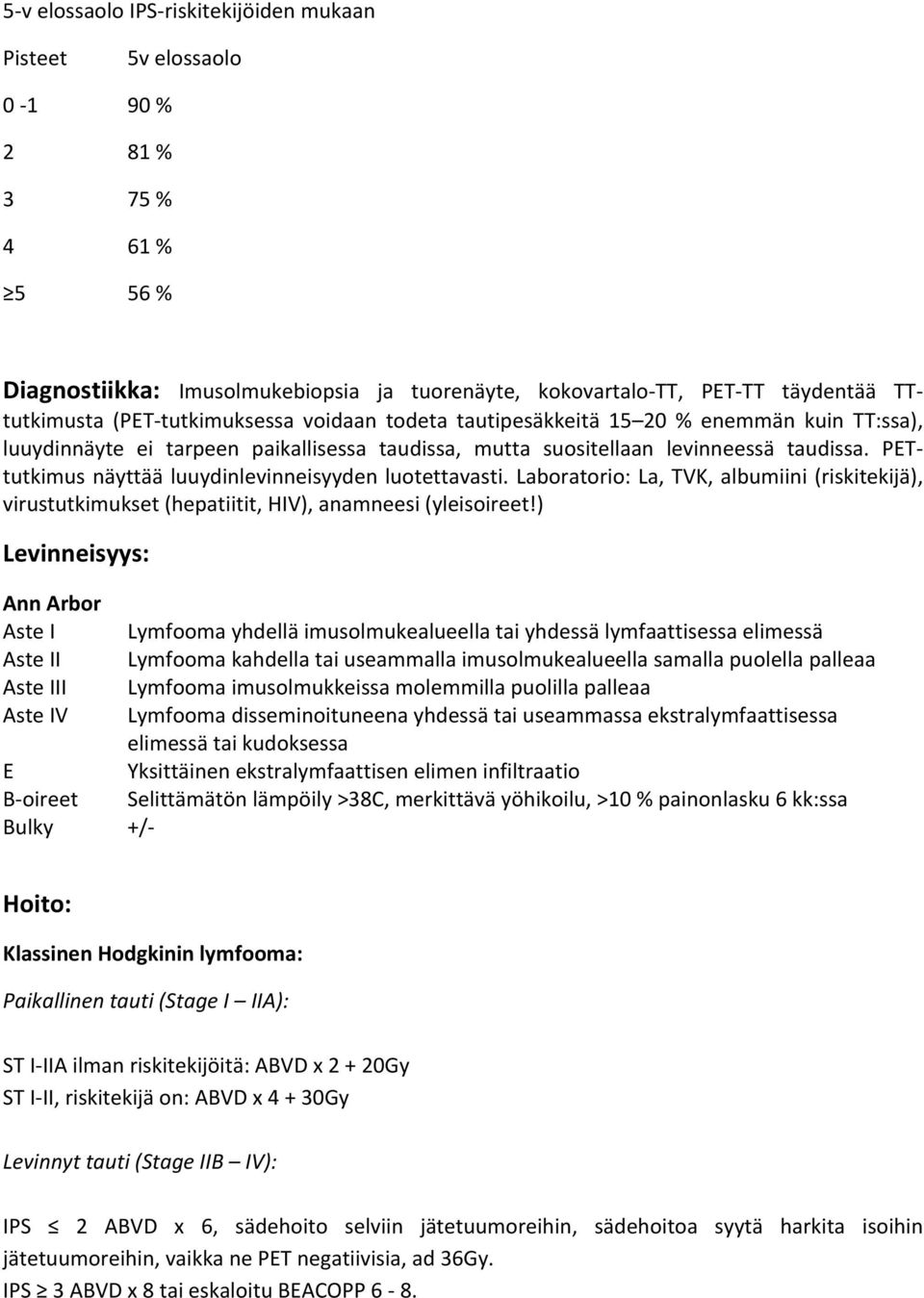 PET- tutkimus näyttää luuydinlevinneisyyden luotettavasti. Laboratorio: La, TVK, albumiini (riskitekijä), virustutkimukset (hepatiitit, HIV), anamneesi (yleisoireet!