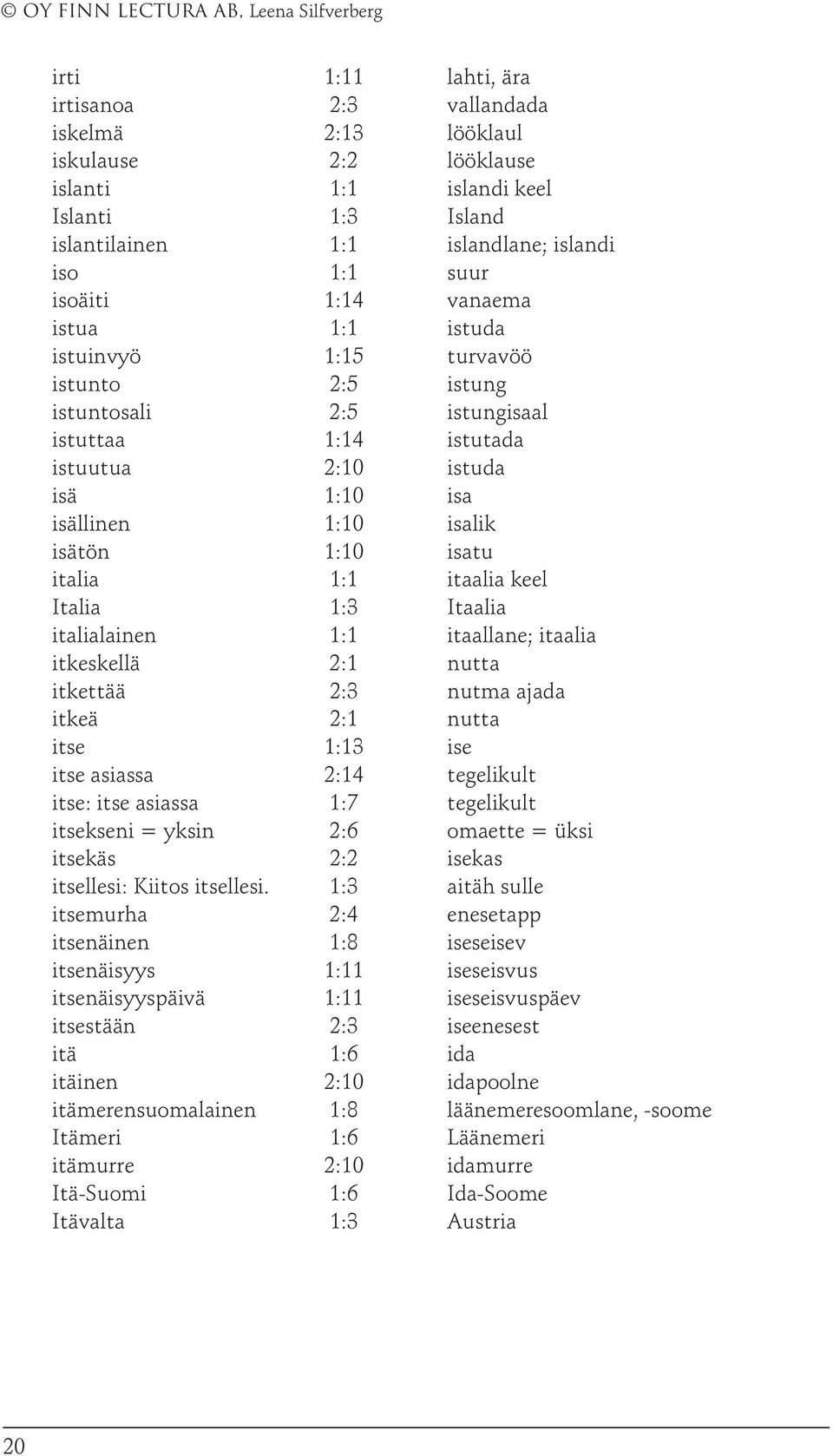 1:1 itaalia keel Italia 1:3 Itaalia italialainen 1:1 itaallane; itaalia itkeskellä 2:1 nutta itkettää 2:3 nutma ajada itkeä 2:1 nutta itse 1:13 ise itse asiassa 2:14 tegelikult itse: itse asiassa 1:7