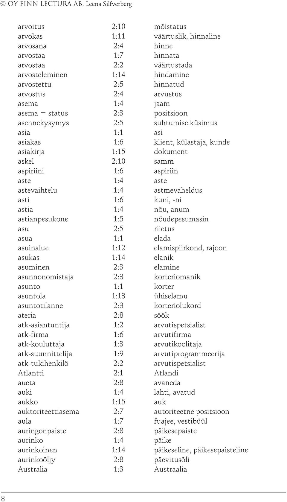 1:4 aste astevaihtelu 1:4 astmevaheldus asti 1:6 kuni, -ni astia 1:4 nõu, anum astianpesukone 1:5 nõudepesumasin asu 2:5 riietus asua 1:1 elada asuinalue 1:12 elamispiirkond, rajoon asukas 1:14