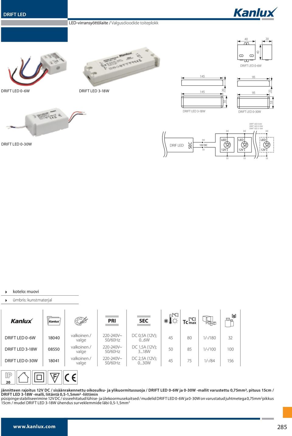 / valge valkoinen / valge 2-240V~ 2-240V~ 2-240V~ DC 0,5A (12V); 0...6W DC 1,5A (12V); 3...18W DC 2,5A (12V); 0.