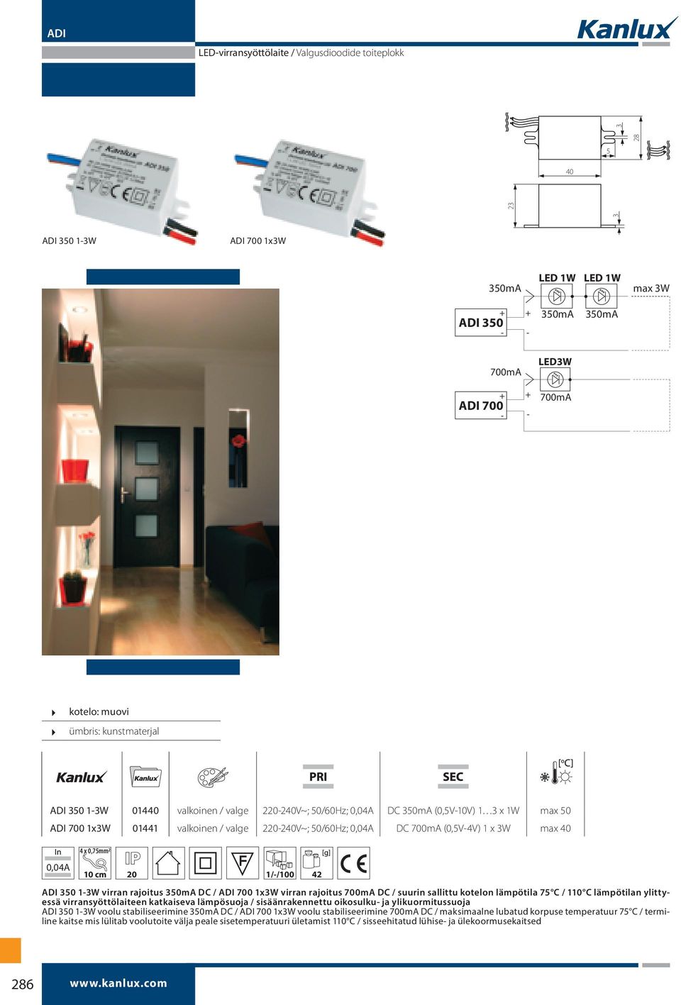 ADI 350 1-3W virran rajoitus 350mA DC / ADI 700 1x3W virran rajoitus 700mA DC / suurin sallittu kotelon lämpötila 75 C / 110 C lämpötilan ylittyessä virransyöttölaiteen katkaiseva lämpösuoja /