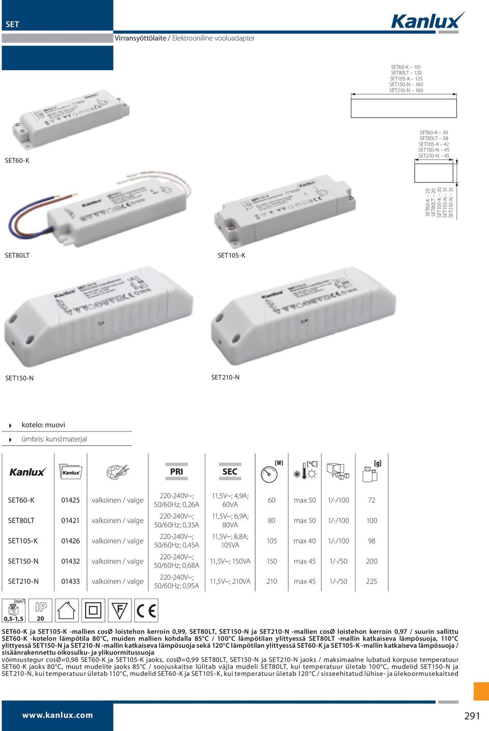 SET210-N 01433 valkoinen / valge 2-240V~; ; 0,26A 2-240V~; ; 0,35A 2-240V~; ; 0,45A 2-240V~; ; 0,68A 2-240V~; ; 0,95A 11,5V~; 4,9A; 60VA 11,5V~; 6,9A; 80VA 11,5V~; 8,8A; 105VA 60 max 50 1/-/100 72 80