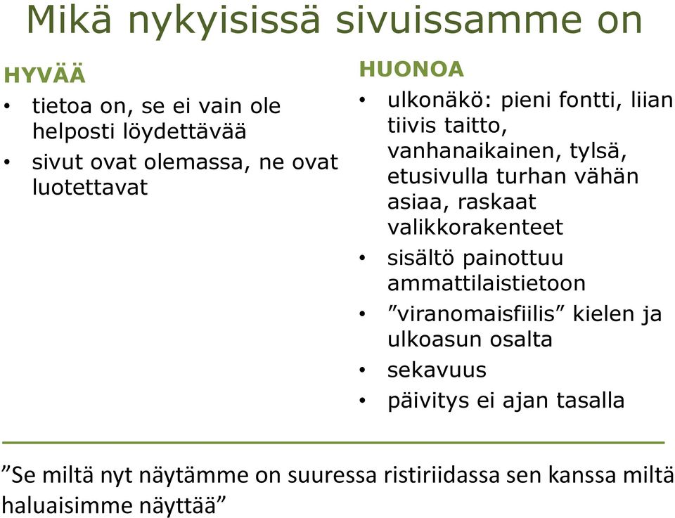 asiaa, raskaat valikkorakenteet sisältö painottuu ammattilaistietoon viranomaisfiilis kielen ja ulkoasun osalta