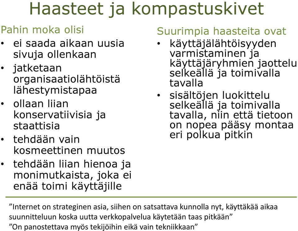 käyttäjäryhmien jaottelu selkeällä ja toimivalla tavalla sisältöjen luokittelu selkeällä ja toimivalla tavalla, niin että tietoon on nopea pääsy montaa eri polkua pitkin