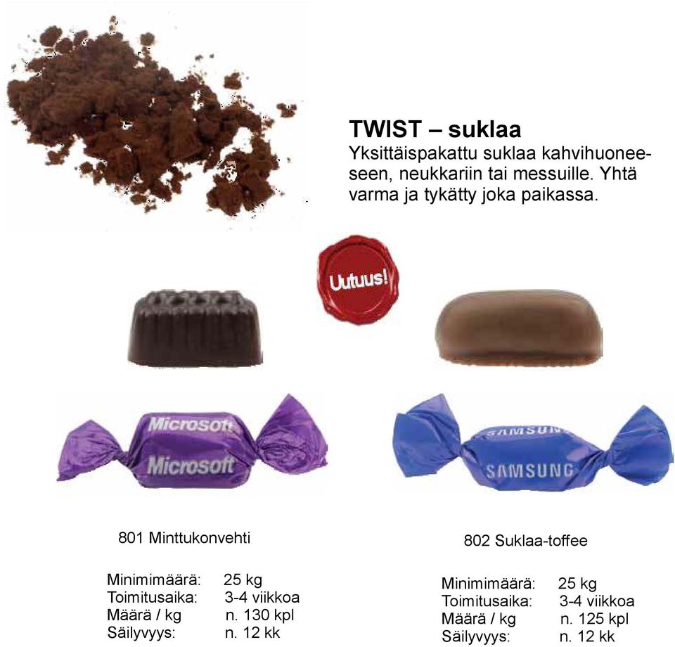 801 Minttukonvehti 802 Suklaa-toffee Minimimäärä: 25 kg Toimitusaika: