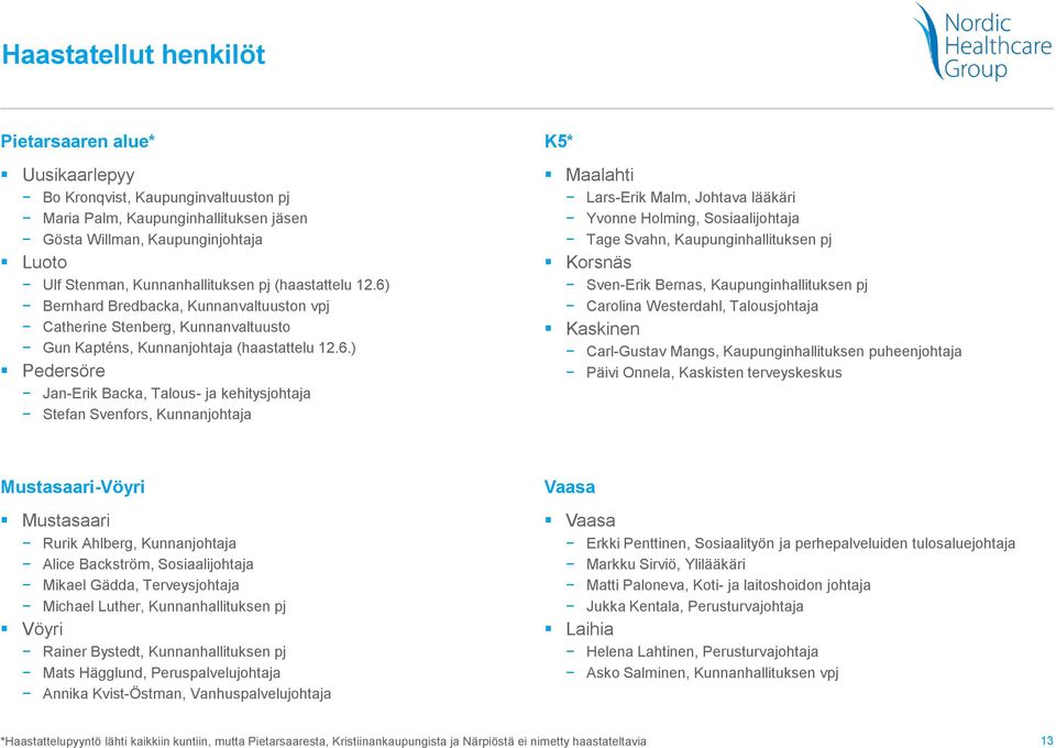 Bernhard Bredbacka, Kunnanvaltuuston vpj Catherine Stenberg, Kunnanvaltuusto Gun Kapténs, Kunnanjohtaja (haastattelu 12.6.