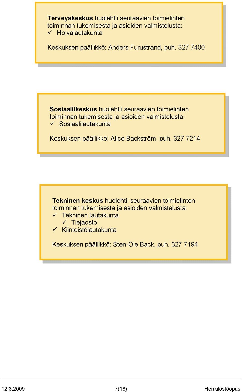 327 7400 Sosiaalilkeskus huolehtii seuraavien toimielinten toiminnan tukemisesta ja asioiden valmistelusta: Sosiaalilautakunta Keskuksen