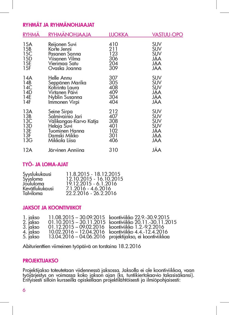 Välikangas-Karvo Katja 3 SUV D Helaja Suvi 40 SUV E Tuominen Hanna 02 JÄA F Damski Mikko 30 JÄA G Mikkola Liisa 406 JÄÄ A Järvinen Anniina 3 JÄA TYÖ- JA LOMA-AJAT Syyslukukausi.8.20-18..20 Syysloma 2.