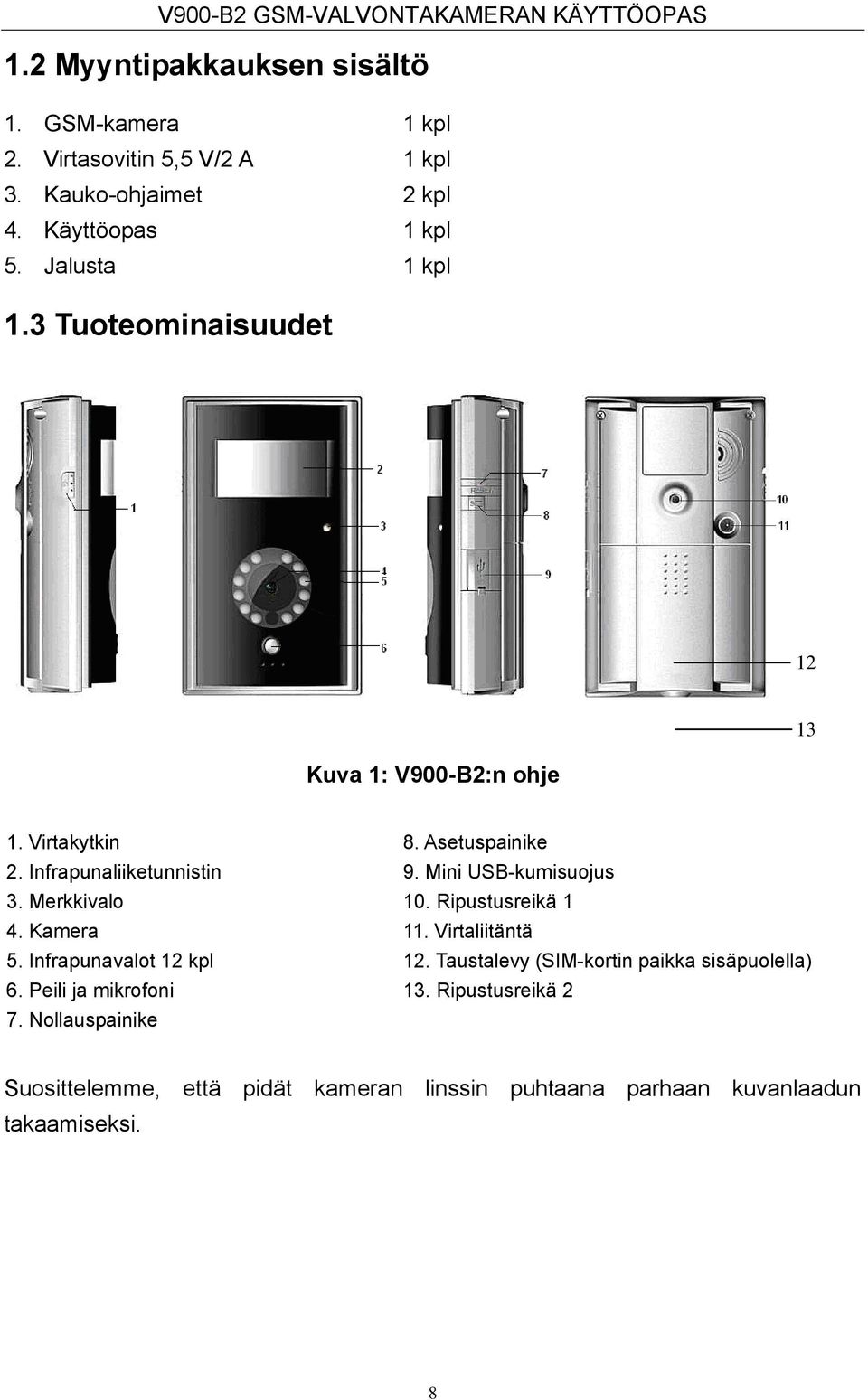 Mini USB-kumisuojus 3. Merkkivalo 10. Ripustusreikä 1 4. Kamera 11. Virtaliitäntä 5. Infrapunavalot 12 kpl 12.