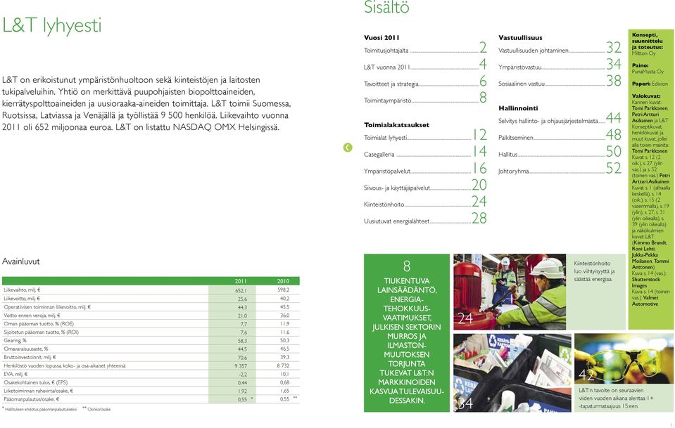 Liikevaihto vuonna 211 oli 652 miljoonaa euroa. L&T on listattu NASDAQ OMX Helsingissä. Avainluvut Vastuullisuus Toimitusjohtajalta... Vastuullisuuden johtaminen... 2 L&T vuonna 211.