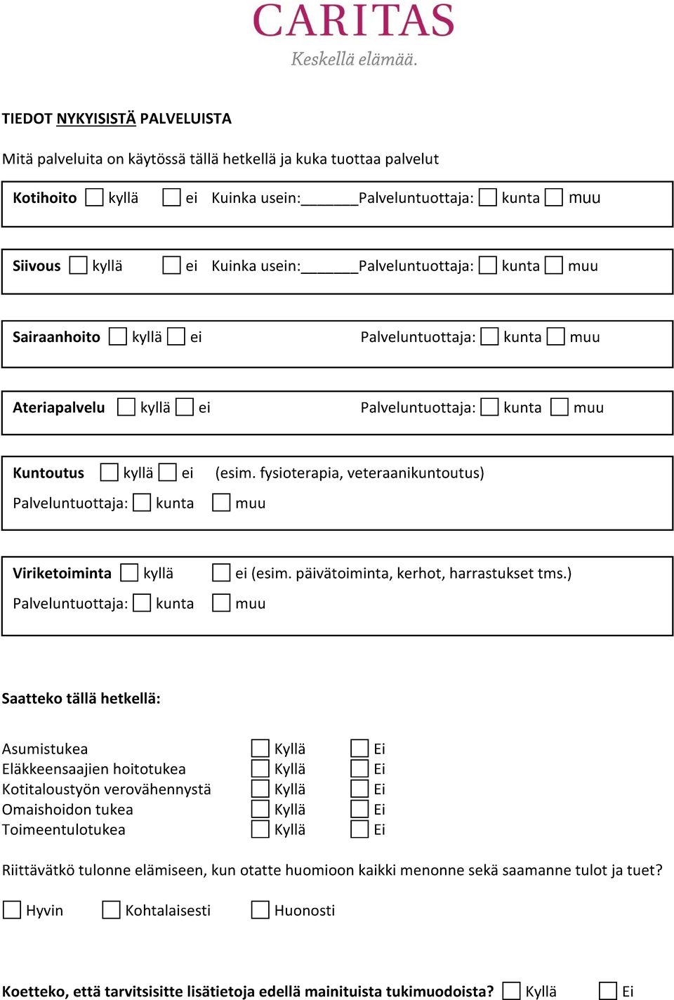 fysioterapia, veteraanikuntoutus) Palveluntuottaja: kunta muu Viriketoiminta kyllä ei (esim. päivätoiminta, kerhot, harrastukset tms.