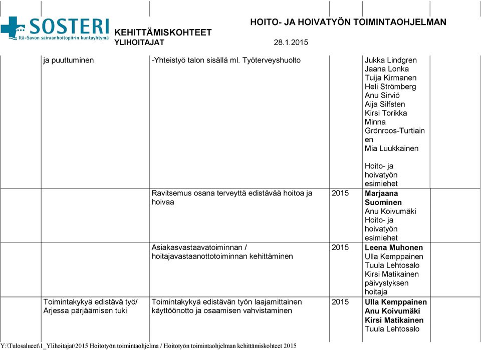 työ/ Arjessa pärjäämisen tuki Ravitsemus osana terveyttä edistävää hoitoa ja hoivaa Asiakasvastaavatoiminnan / hoitajavastaanottotoiminnan kehittäminen Toimintakykyä edistävän työn