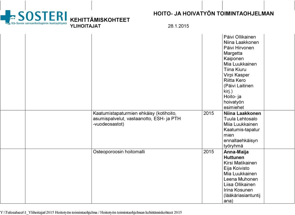 Hoitotyön toimintaohjelman kehittämiskohteet Päivi Ollikainen Niina Laakkonen Päivi Hirvonen Margetta Kaiponen Mia Luukkainen Tiina Kiuru Virpi Kasper