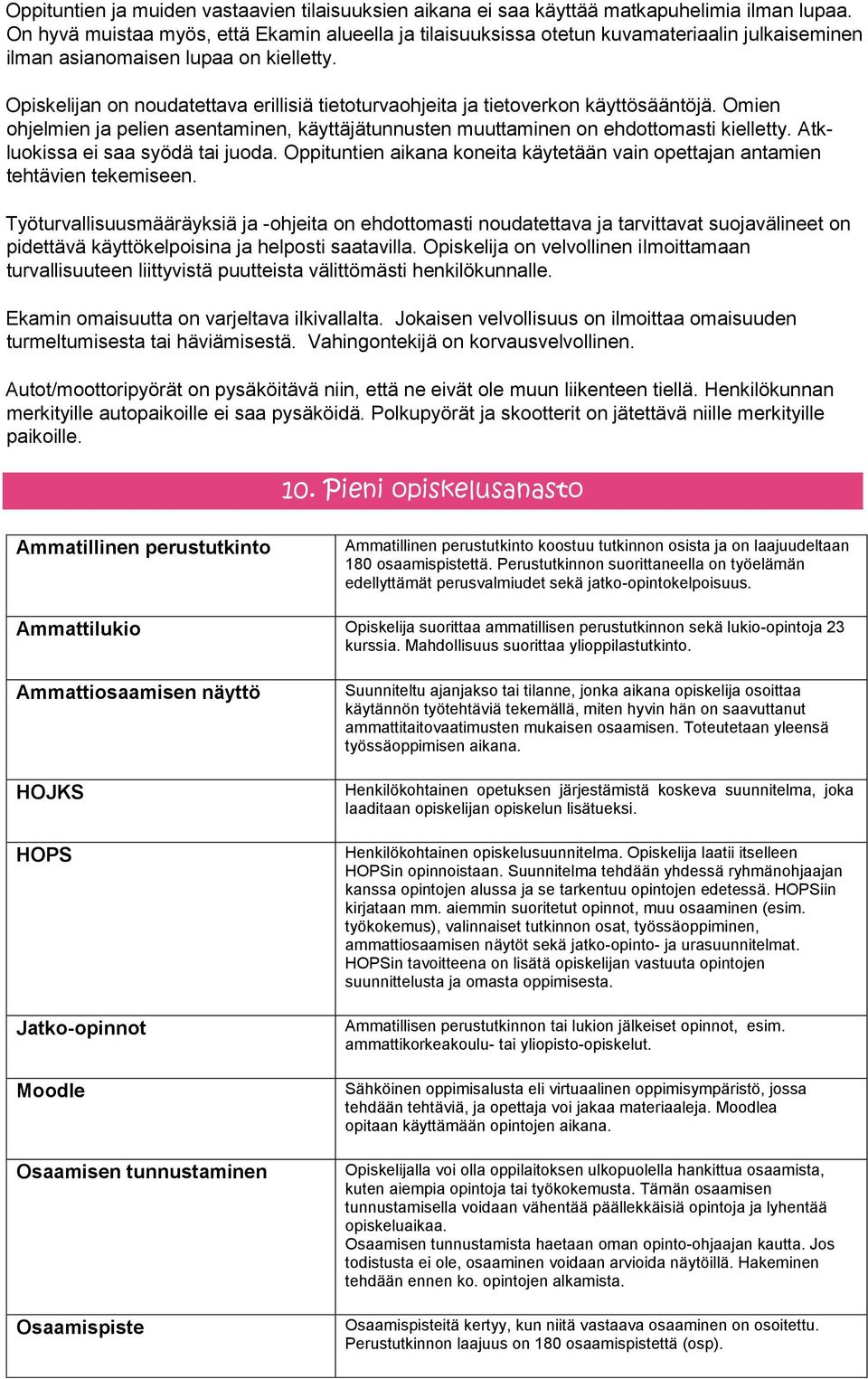 Opiskelijan on noudatettava erillisiä tietoturvaohjeita ja tietoverkon käyttösääntöjä. Omien ohjelmien ja pelien asentaminen, käyttäjätunnusten muuttaminen on ehdottomasti kielletty.