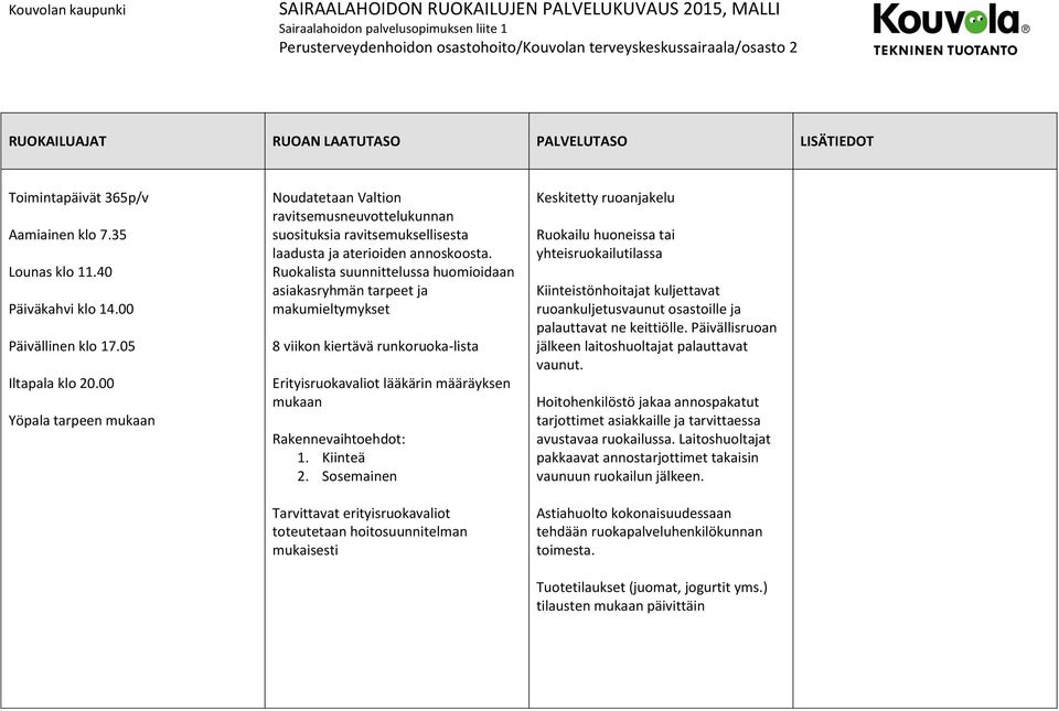 00 Yöpala tarpeen mukaan Noudatetaan Valtion ravitsemusneuvottelukunnan suosituksia ravitsemuksellisesta laadusta ja aterioiden annoskoosta.