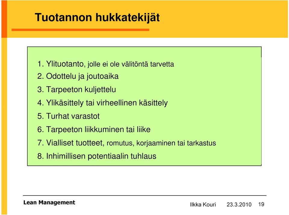 Ylikäsittely tai virheellinen käsittely 5. Turhat varastot 6.