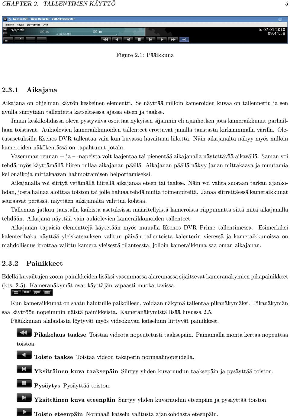 Janan keskikohdassa oleva pystyviiva osoittaa nykyisen sijainnin eli ajanhetken jota kameraikkunat parhaillaan toistavat.