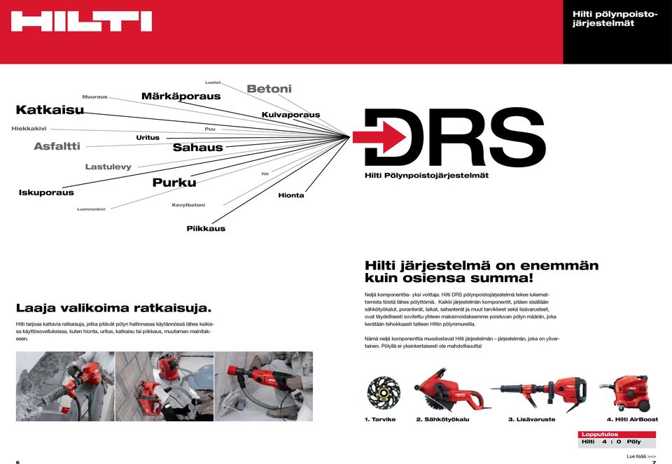 Hilti tarjoaa kattavia ratkaisuja, jotka pitävät pölyn hallinnassa käytännössä lähes kaikissa käyttösovelluksissa, kuten hionta, uritus, katkaisu tai piikkaus, muutaman mainitakseen.