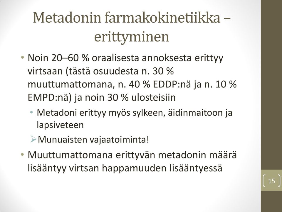 10 % EMPD:nä) ja noin 30 % ulosteisiin Metadoni erittyy myös sylkeen, äidinmaitoon ja