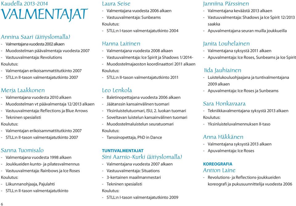 Reflections ja Blue Arrows - Tekninen spesialisti Koulutus: - Valmentajan erikoisammattitutkinto 2007 - STLL:n II-tason valmentajatutkinto 2007 Sanna Tuomisalo - Valmentajana vuodesta 1998 alkaen -