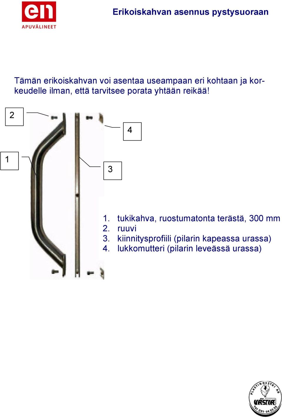 reikää! 2 4 1 3 1. tukikahva, ruostumatonta terästä, 300 mm 2. ruuvi 3.