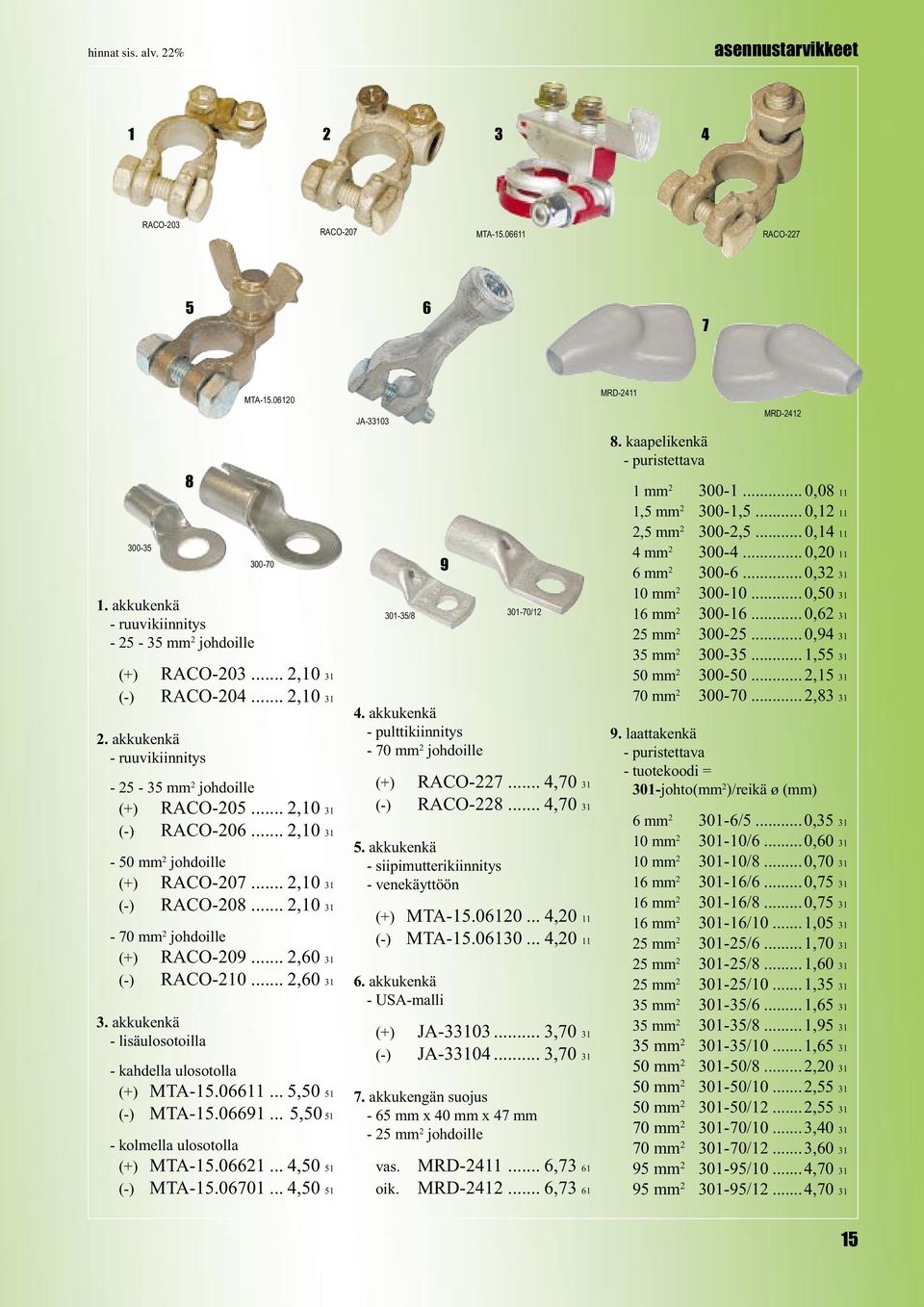 0...,0 (-) MTA-.00...,0 JA-0 00-0 9 0-/8 0-0/. akkukenkä - pulttikiinnitys - 0 mm johdoille (+) RACO-...,0 (-) RACO-8...,0. akkukenkä - siipimutterikiinnitys - venekäyttöön (+) MTA-.00...,0 (-) MTA-.00...,0. akkukenkä - USA-malli (+) JA-0.