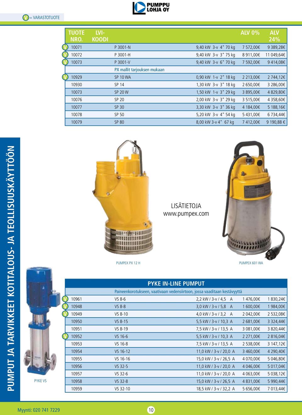 tarjouksen mukaan 10929 SP 10 WA 0,90 kw 1-v 2" 18 kg 2 213,00 2 744,12 10930 SP 14 1,30 kw 3-v 3" 18 kg 2 650,00 3 286,00 10073 SP 20 W 1,50 kw 1-v 3" 29 kg 3 895,00 4 829,80 10076 SP 20 2,00 kw 3-v