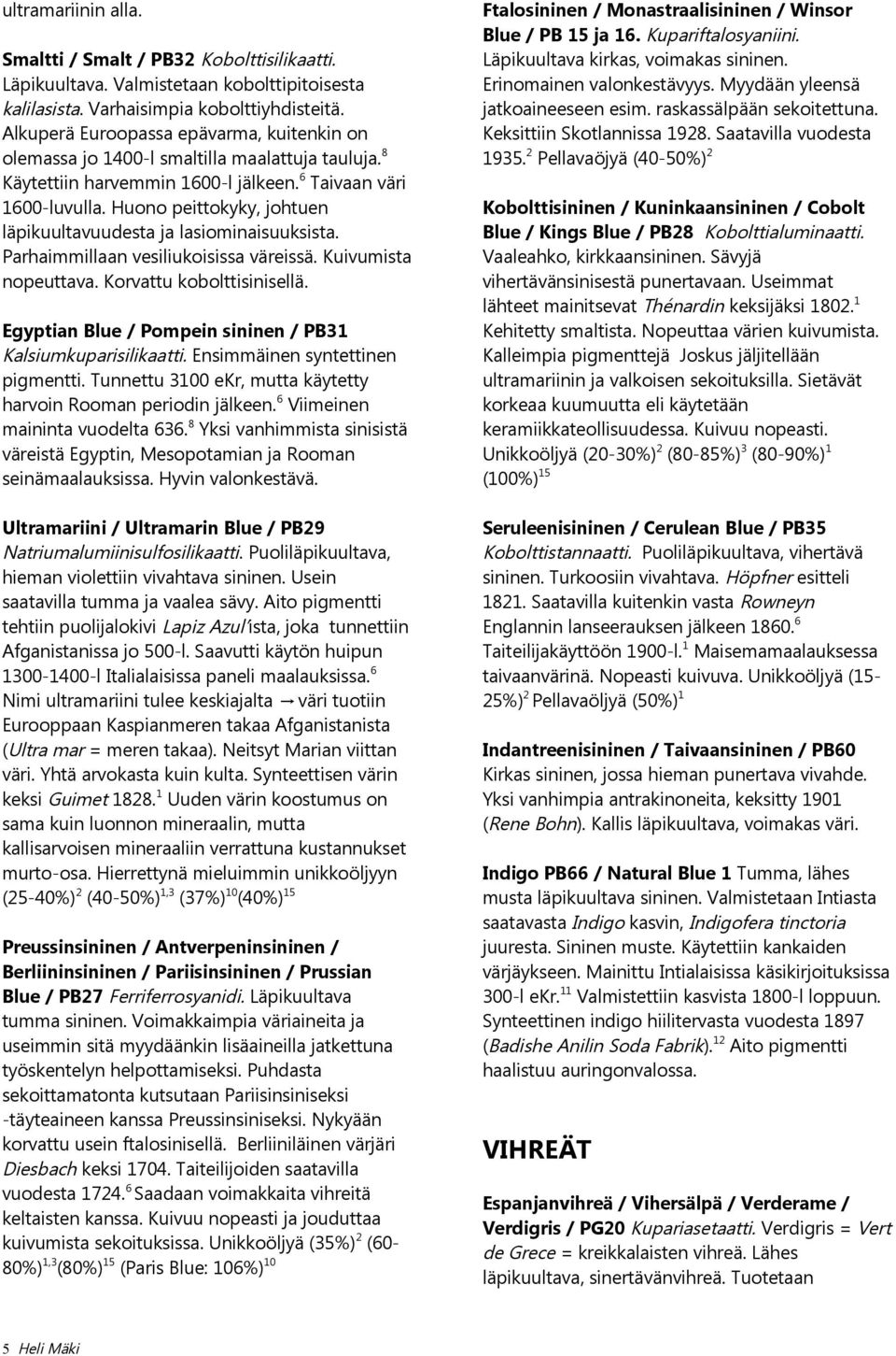 Huono peittokyky, johtuen läpikuultavuudesta ja lasiominaisuuksista. Parhaimmillaan vesiliukoisissa väreissä. Kuivumista nopeuttava. Korvattu kobolttisinisellä.