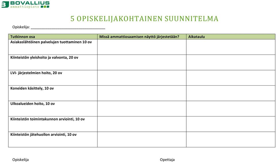 Aikataulu Asiakaslähtöinen palvelujen tuottaminen ov Kiinteistön yleishoito ja valvonta, 20