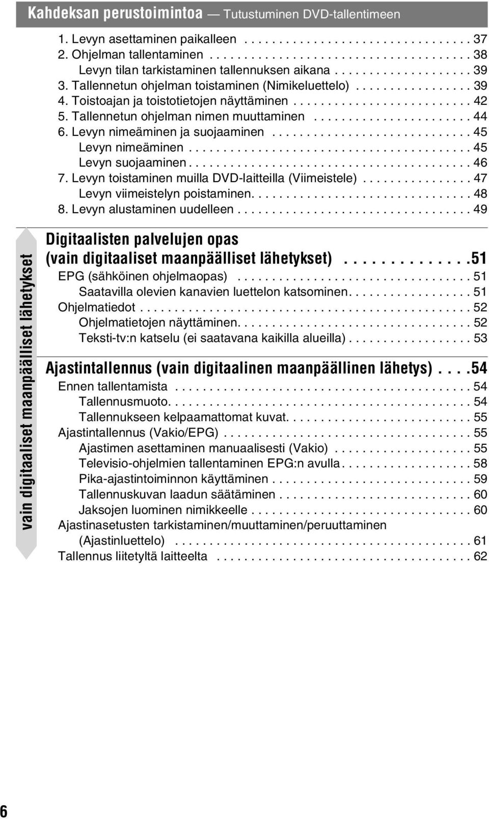 Tallennetun ohjelman nimen muuttaminen....................... 44 6. Levyn nimeäminen ja suojaaminen............................. 45 Levyn nimeäminen......................................... 45 Levyn suojaaminen.