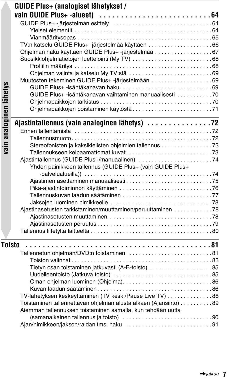 ................... 66 Ohjelman haku käyttäen GUIDE Plus+ -järjestelmää.................. 67 Suosikkiohjelmatietojen luettelointi (My TV)......................... 68 Profiilin määritys.