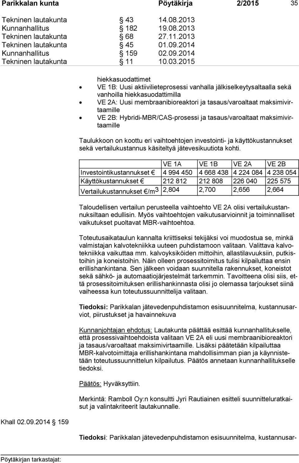 virtaa mil le VE 2B: Hybridi-MBR/CAS-prosessi ja tasaus/varoaltaat mak si mi virtaa mil le Taulukkoon on koottu eri vaihtoehtojen investointi- ja käyttökustannukset sekä vertailukustannus käsiteltyä