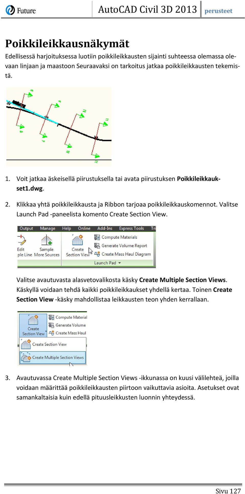 Valitse Launch Pad -paneelista komento Create Section View. Valitse avautuvasta alasvetovalikosta käsky Create Multiple Section Views. Käskyllä voidaan tehdä kaikki poikkileikkaukset yhdellä kertaa.