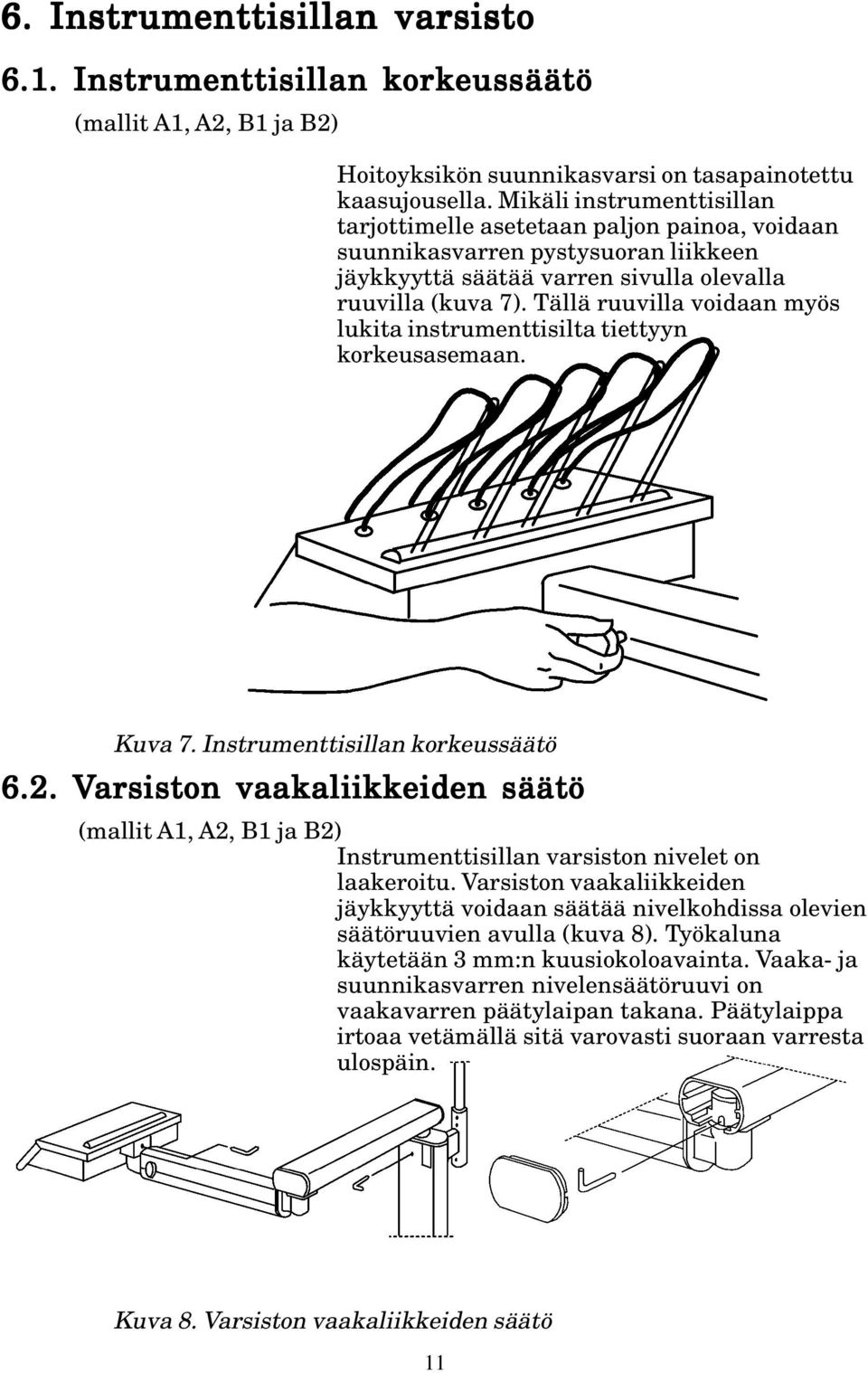 Tällä ruuvilla voidaan myös lukita instrumenttisilta tiettyyn korkeusasemaan. Kuva 7. Instrumenttisillan korkeussäätö 6.2.