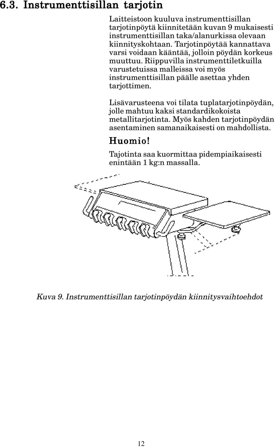 Riippuvilla instrumenttiletkuilla varustetuissa malleissa voi myös instrumenttisillan päälle asettaa yhden tarjottimen.