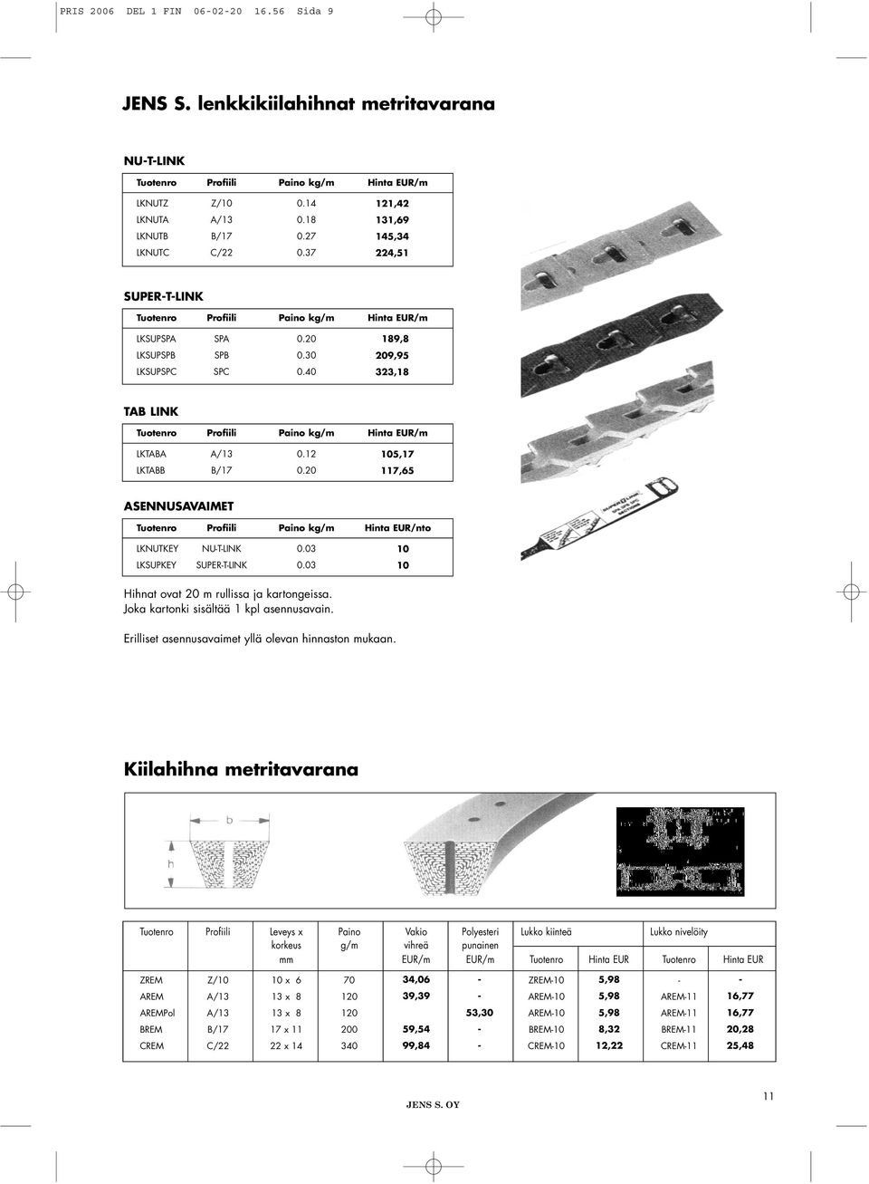 40 189,8 209,95 323,18 TAB LINK Tuotenro Profiili Paino kg/m Hinta EUR/m LKTABA A/13 0.12 LKTABB B/17 0.20 105,17 117,65 ASENNUSAVAIMET Tuotenro Profiili Paino kg/m Hinta EUR/nto LKNUTKEY NUTLINK 0.