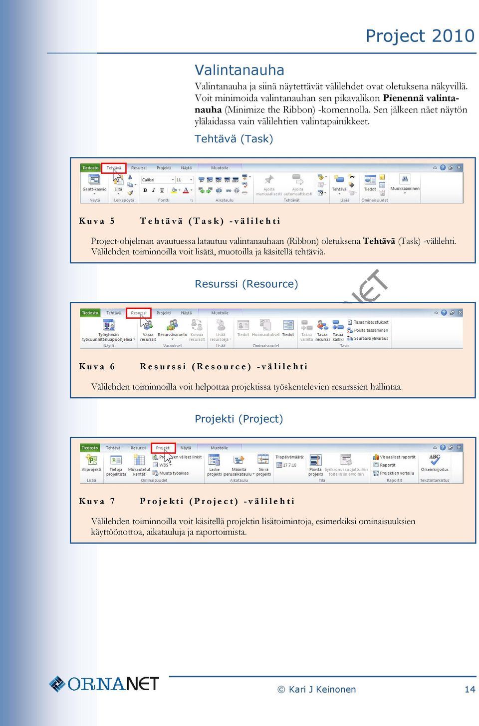 Tehtävä (Task) Kuva 5 Tehtävä (Task) - välilehti Project-ohjelman avautuessa latautuu valintanauhaan (Ribbon) oletuksena Tehtävä (Task) -välilehti.