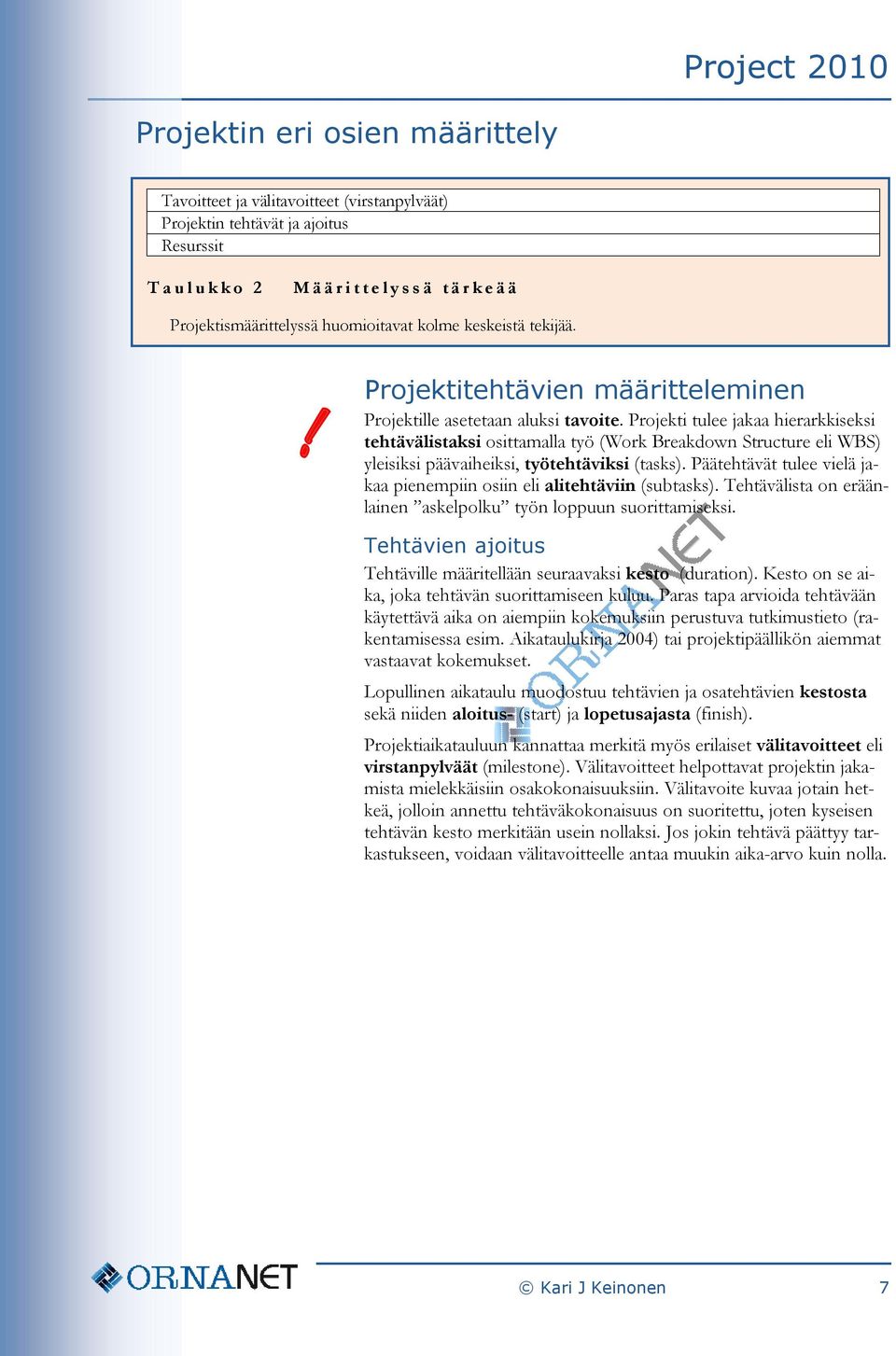 Projekti tulee jakaa hierarkkiseksi tehtävälistaksi osittamalla työ (Work Breakdown Structure eli WBS) yleisiksi päävaiheiksi, työtehtäviksi (tasks).