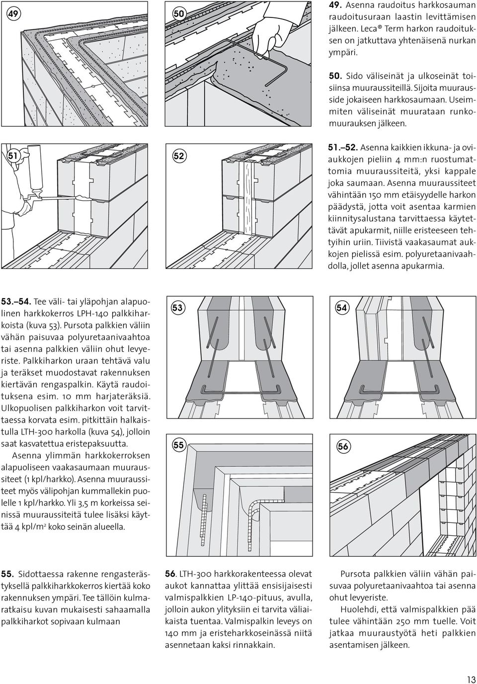 Lecaterm-harkon raudoituksen on jatkuttava yhtenäisenä nurkan ympäri. 48 52 Asenna raudoitus harkkosauman raudoitusuraan laastin levittämisen jälkeen.